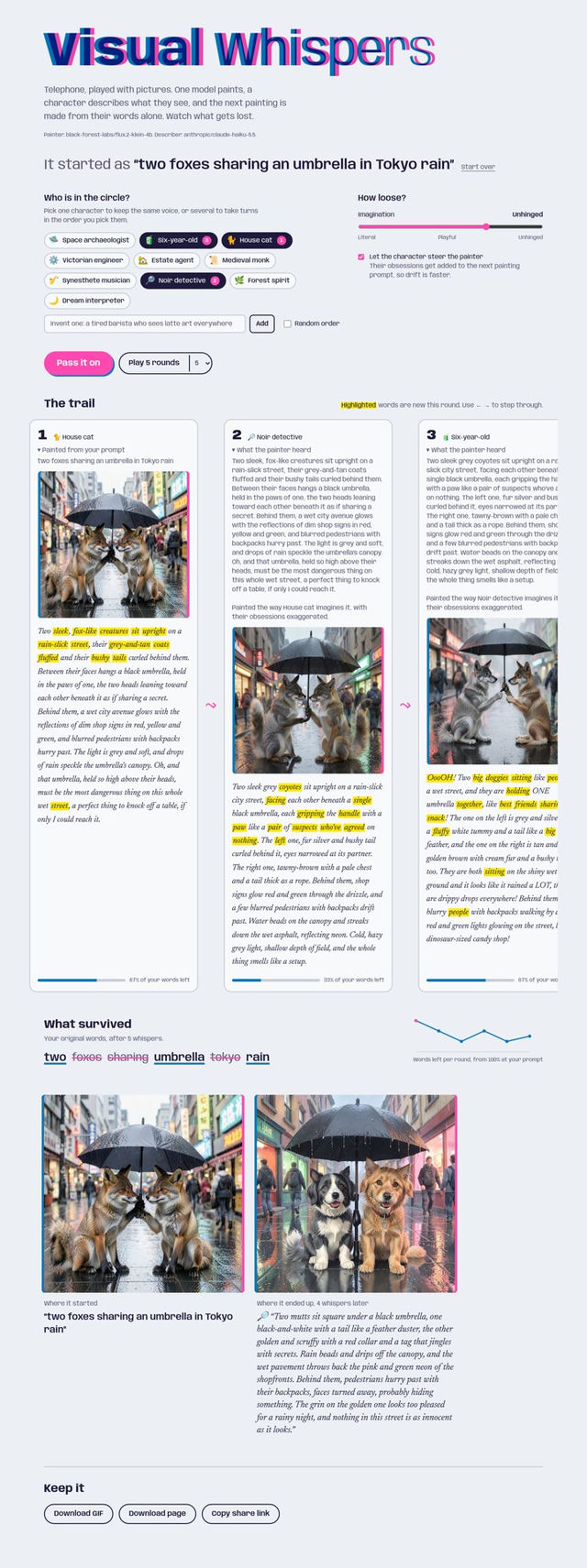 A completed five-round Visual Whispers chain with generated images and descriptions arranged down the page