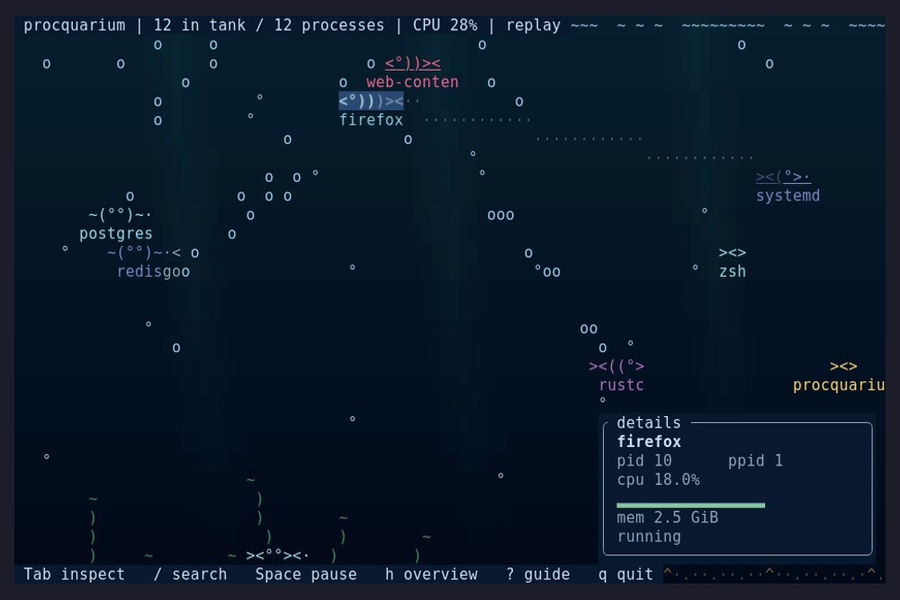 Procquarium terminal aquarium with fish labelled by process name and a selected process's memory and CPU details