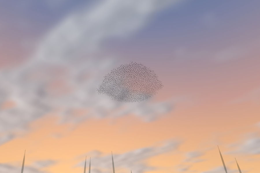 A simulated flock of starlings folding above reeds against a procedural evening sky