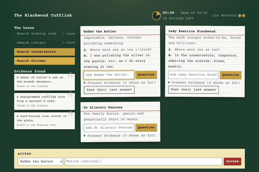 Alibi's detective board with suspect cards, collected evidence, an interrogation and the story clock
