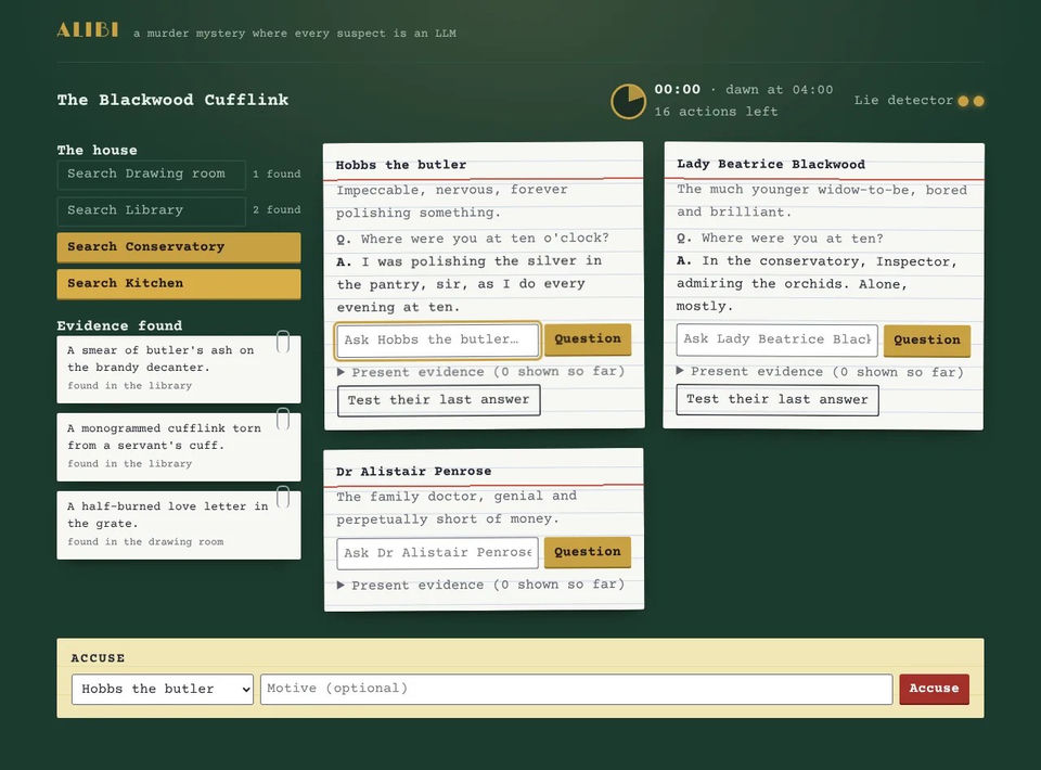 Alibi's detective board with suspect cards, collected evidence, an interrogation and the story clock