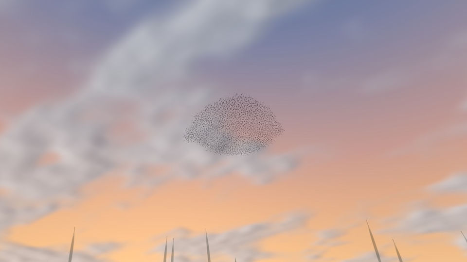 A simulated flock of starlings folding above reeds against a procedural evening sky