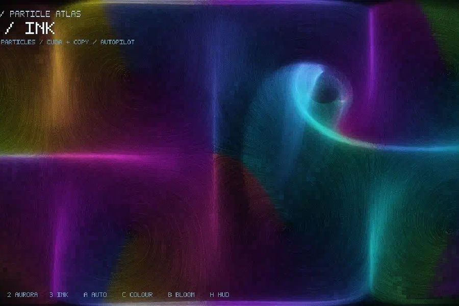 Particle Atlas drawing a luminous spiral of cyan and amber particles against a dark background