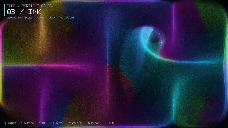 Particle Atlas drawing a luminous spiral of cyan and amber particles against a dark background