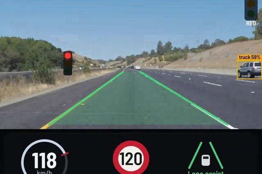 Dashcam frame with lane shading, object detections, a speed-limit sign and a rendered instrument cluster